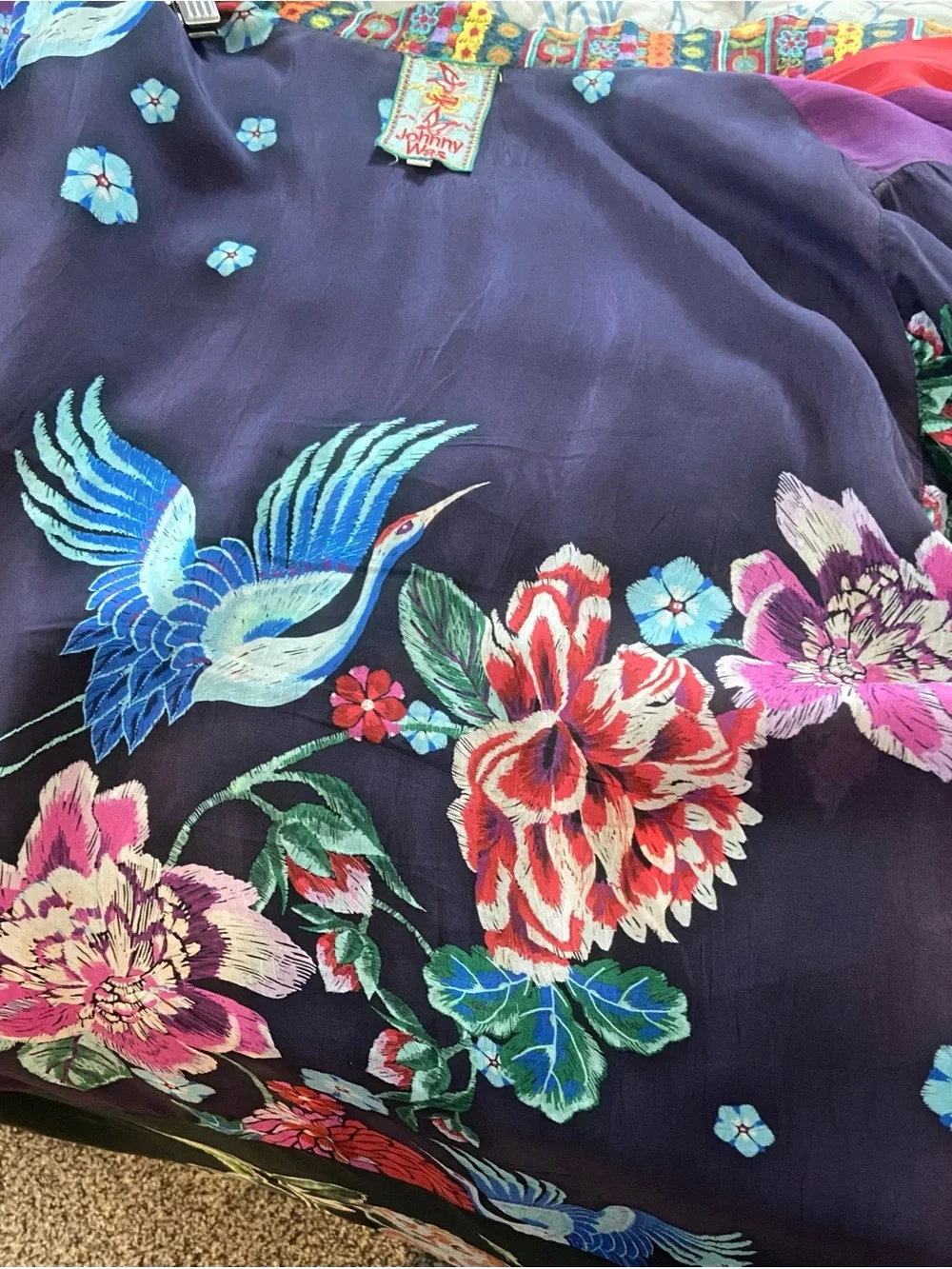 Johnny Was Floral & Crane Kimono Black - Navy with Multicolored/Silk - Picture 3 of 12